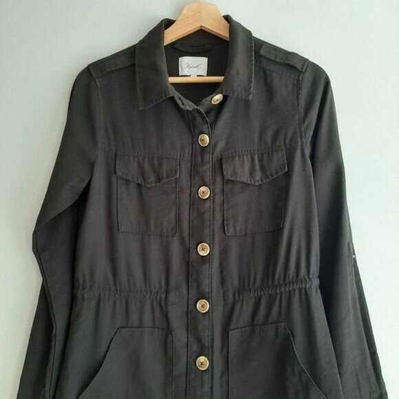 KISMET Button Down Light Shirt Jacket Utility Roll-Up Sleeves Black Sz S - Picture 2 of 15